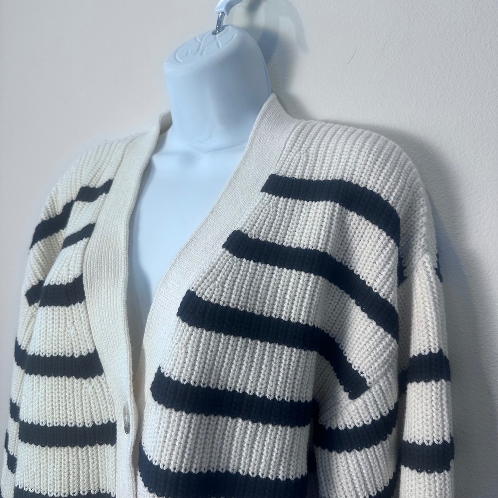 H&M Striped Knit Cardigan Cream Black V Neck Button Front Long Sleeve Women M - Picture 2 of 10